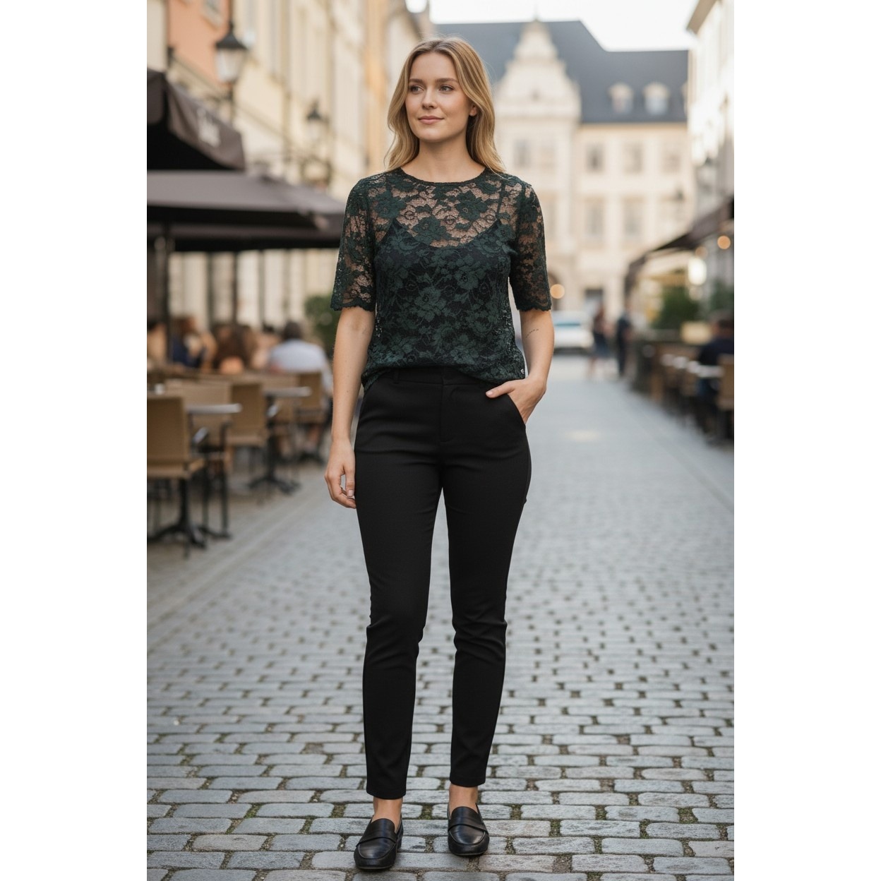 Ganni Flynn Lace Overlay Top Xs Boxy Short Sleeve Scalloped Green Black